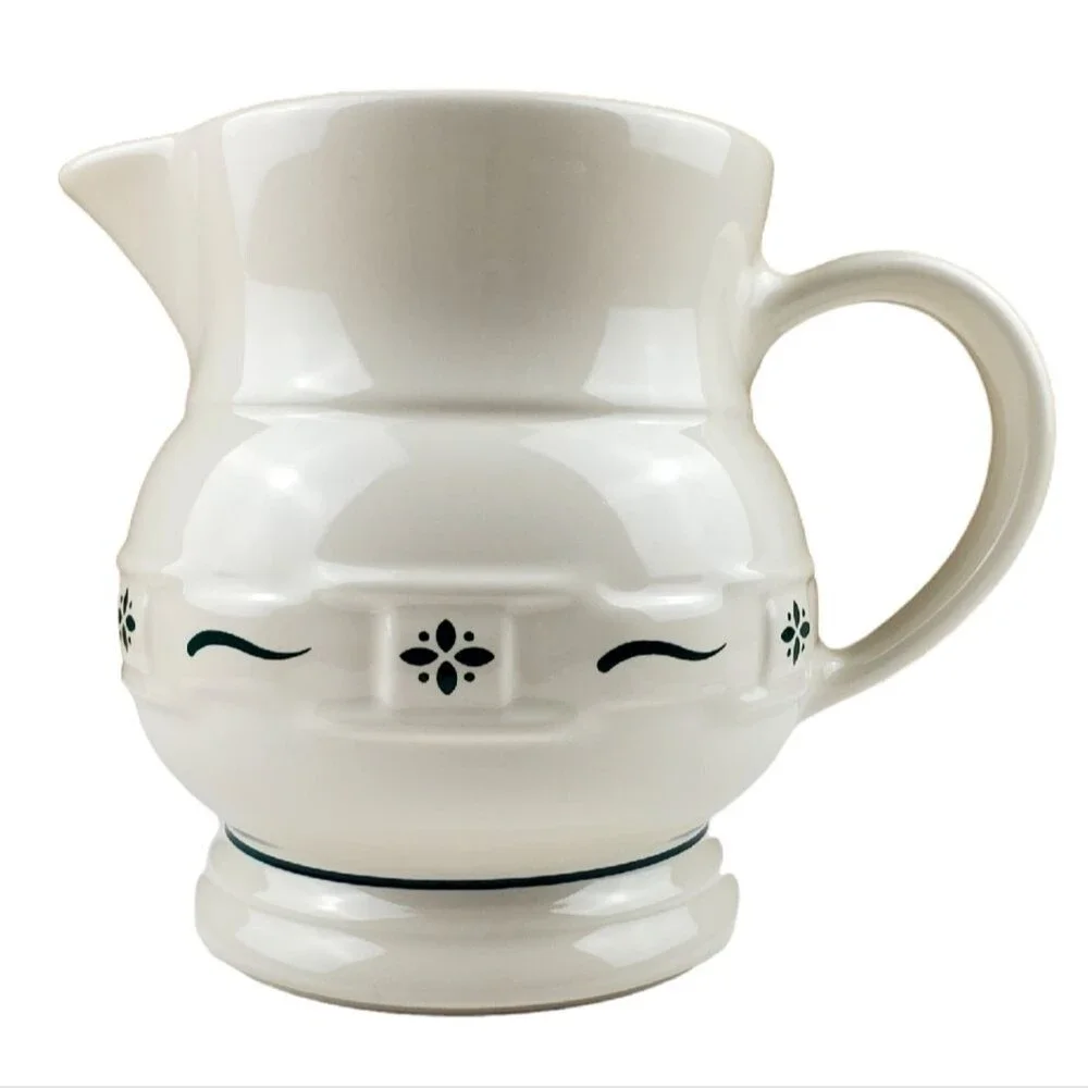 LONGABERGER Pottery Large Pitcher Ivory Green Woven Accent USA Farmhouse Decor